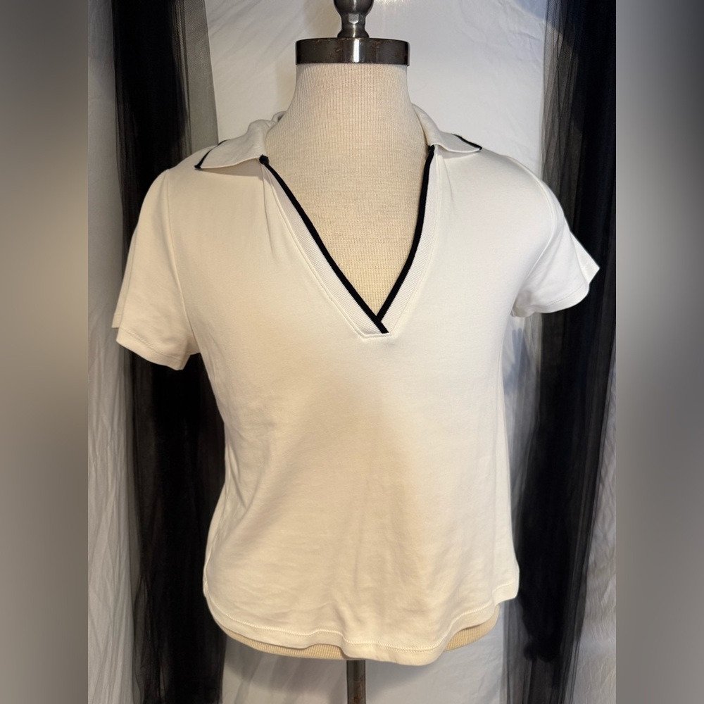 Old Navy White V-Neck Tee with Black Trim